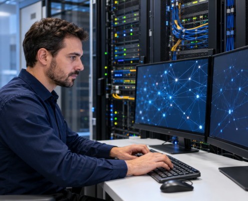 Expert en cybersécurité dans la salle serveurs