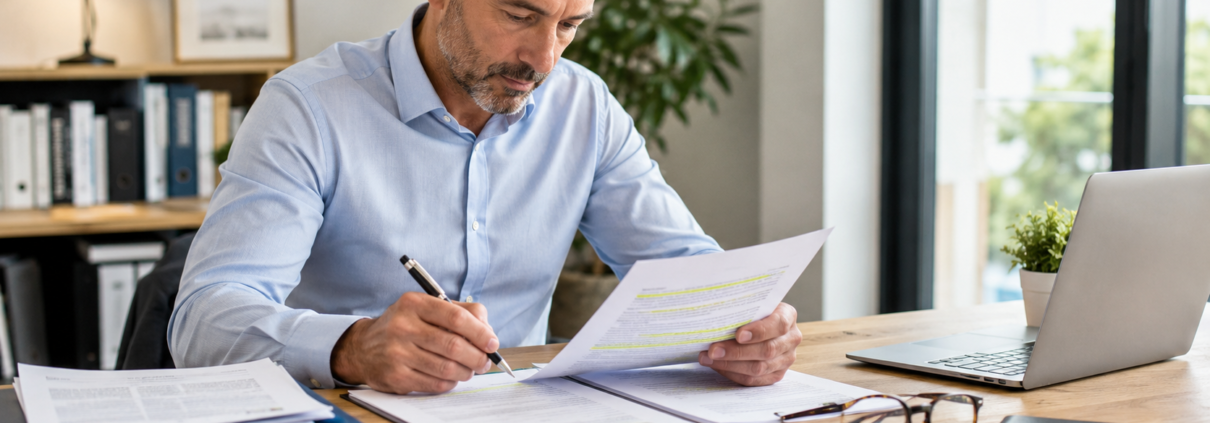 Personne relisant un contrat d’assurance avant signature avec stylo et documents sur un bureau