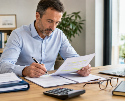 Personne relisant un contrat d’assurance avant signature avec stylo et documents sur un bureau