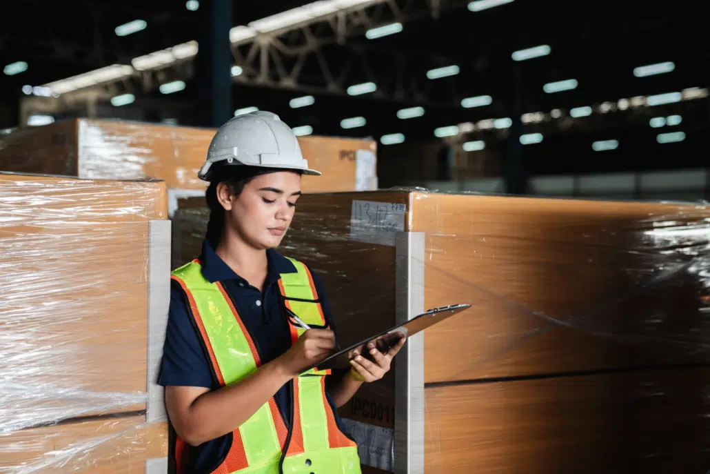 Vérification des marchandises en entrepôt Groupe d'employés vérifiant les détails du produit avec une tablette dans un entrepôt